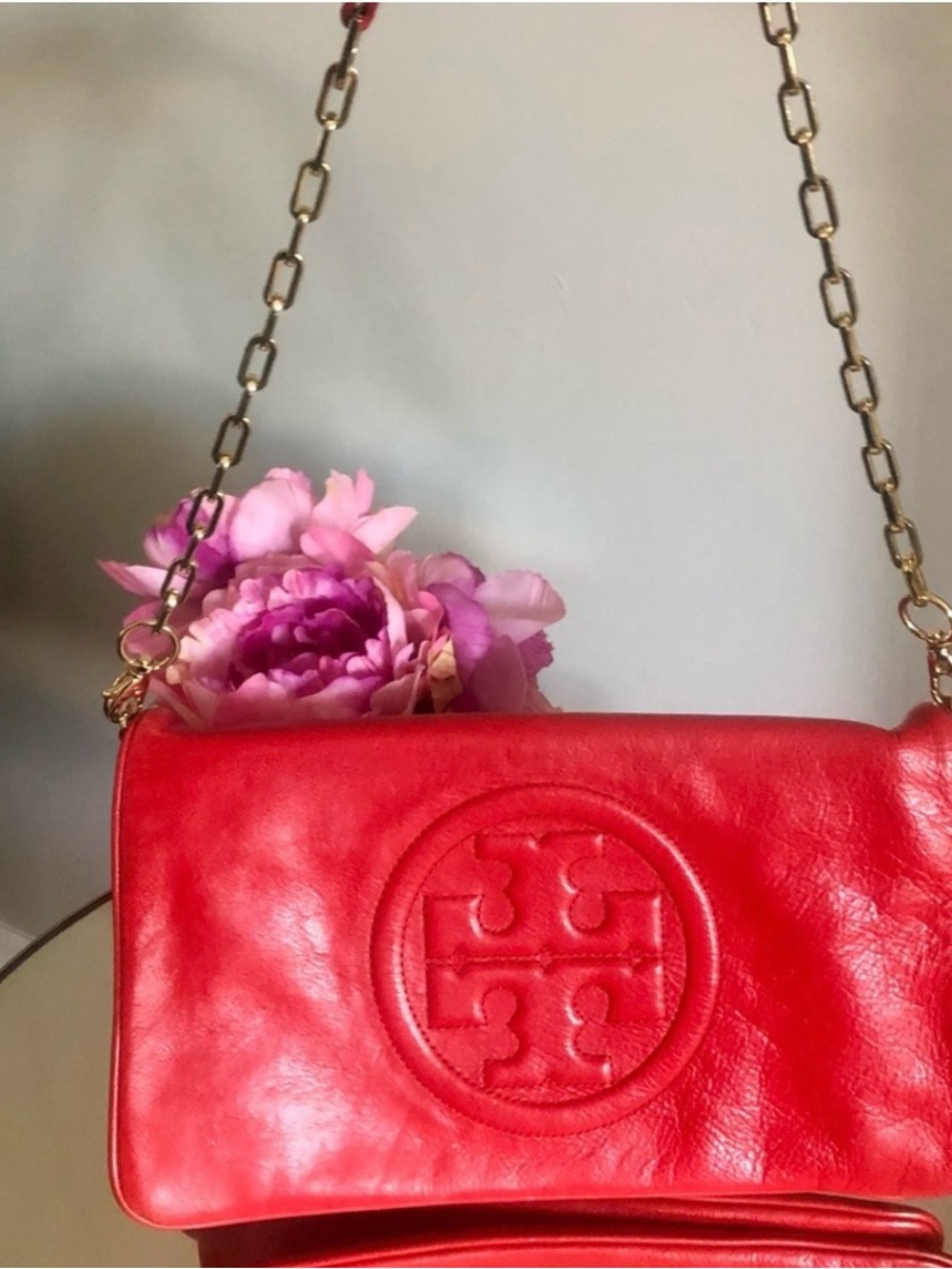 Tory Burch Bag Purse  Bombe Reva Tory Red Leather Clutch & Shoulder Bag Red - Picture 10 of 12